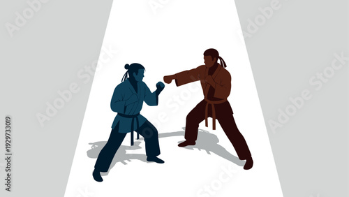 two martial artists sparring in hand drawn silhouette style for sports and training concept