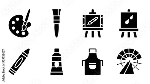 set of black art supplies icons including palette brush canvas crayon paint tube apron and color wheel silhouette