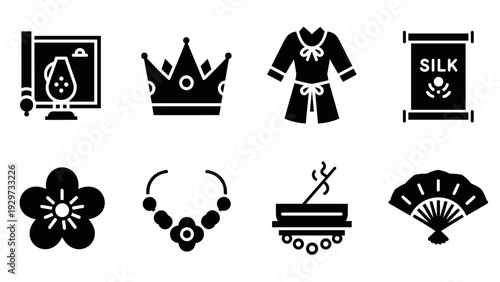 set of japanese traditional cultural icons in black silhouette style with kimono fan incense and cherry blossom elements