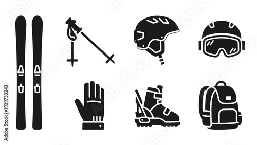set of black ski equipment silhouette icons including skis poles helmet goggles gloves boots and backpack