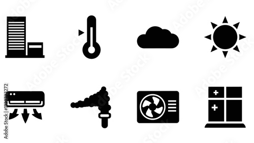 set of eight black silhouette air conditioning and weather icons with buildings cloud sun fan and thermometer in flat style