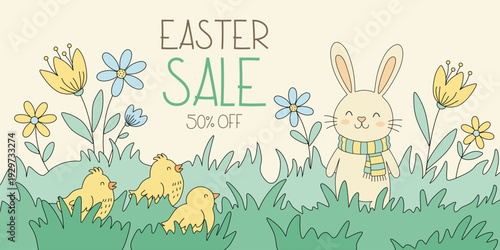 Cute Easter sale banner with bunny and chicks in grass. Spring holiday promotion for greeting card and discount advertisement.