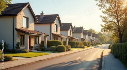 Row of houses on a residential street with a paved sidewalk