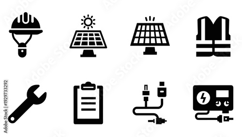 set of solar energy icons in black silhouette style with safety helmet tool clipboard and wiring elements