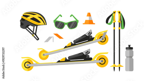 rollerskis set with helmet sunglasses poles water bottle and safety cone in flat style for outdoor sports