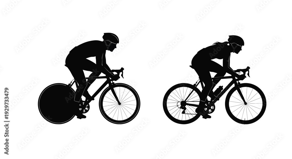 Obraz premium Athletic male and female cyclists racing on bicycles in a dynamic vector illustration design with shadows.
