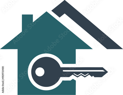 A teal house icon combined with a silver key symbolizing home security or access