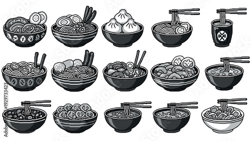 various asian ramen and dumplings hand drawn black and white icon set for food illustration