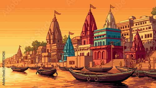 colorful hand drawn illustration of riverfront buildings and boats at sunset with indian temple architecture