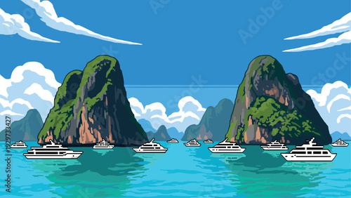 yachts sailing in turquoise sea near green rocky islands hand drawn landscape illustration