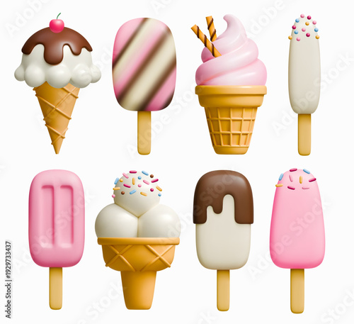 3d ice cream cone and stick bar vector set illustration isolated