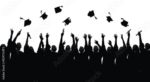 Silhouette graphic design of ecstatic graduates celebrating success by throwing mortarboards high into the air
