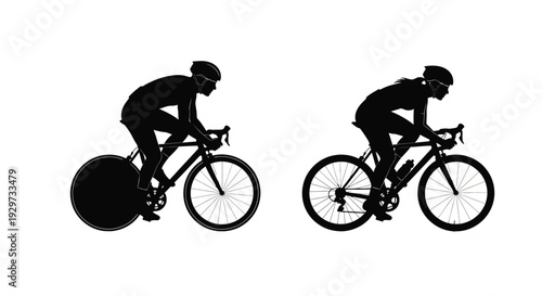 Athletic male and female cyclists racing on bicycles in a dynamic vector illustration design with shadows.