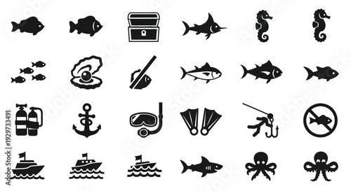 Collection of diverse vector graphic icons representing various marine life, fishing, and diving activities.