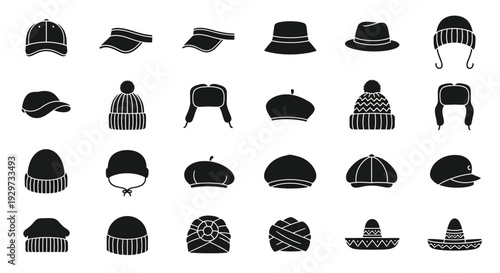Diverse collection of headwear types represented as black silhouette vector graphic icons on white background.