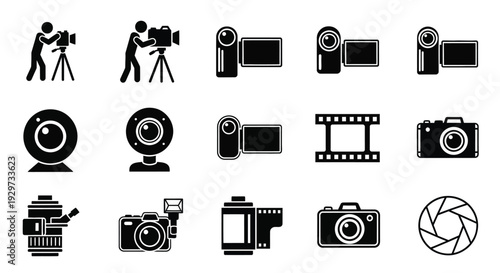 A comprehensive vector illustration featuring various camera and video recording equipment icons for media design projects