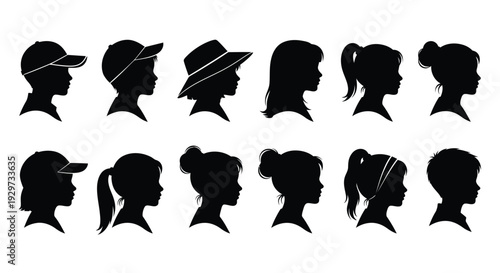 Collection of diverse children's head profiles shown as black silhouettes in distinct hairstyles and headwear