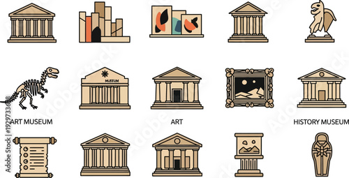 Collection of piZel art icons representing various museum eZhibits and architecture