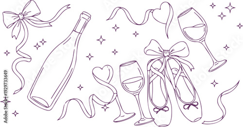 Elegant line art illustration of ballet slippers wine glasses and a bottle with ribbons and stars celebrating a special