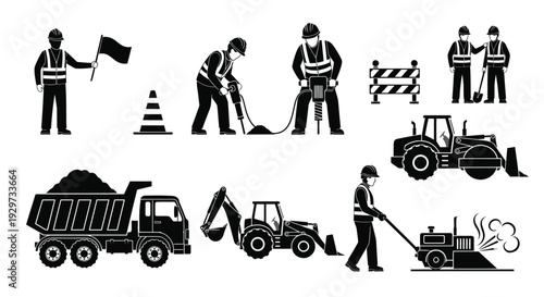 Black and white vector illustration set depicting various road construction workers and heavy machinery icons