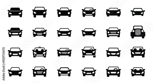 Front view silhouettes of diverse cars and automobiles, a versatile vector graphic illustration set for design.