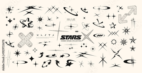 Y2K stars and Retrofuturistic symbols set with flashes, comets, and sparkles. Y2K-inspired vector pack for prints and clothing. Stylish cyber shapes and vaporwave vibe. Stars and flash. Vector set