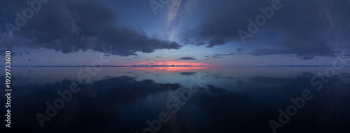 Photography Panoramic Tranquil Sunset Over Mirror-Like Water With Starry Sky And Cloud Refle