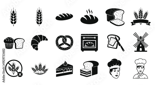 Comprehensive vector graphic illustration set featuring various bakery, bread, wheat, and chef icons for design