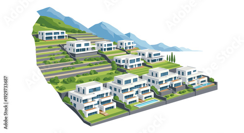 modern hillside residential neighborhood with white houses and swimming pools vector illustration