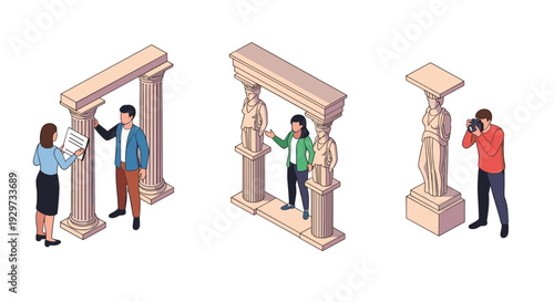 people exploring ancient greek architecture with columns statues and photography in isometric style