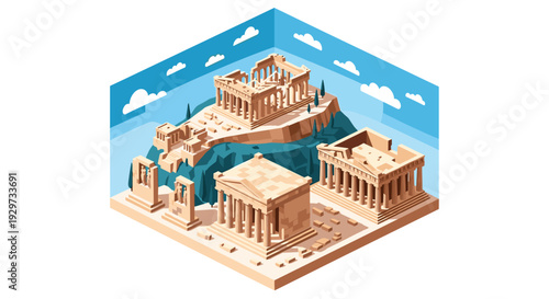 isometric ancient greek ruins collection with parthenon and classical temples in flat design