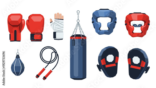 boxing equipment set with gloves head guards punching bag skipping rope and hand wraps in flat style