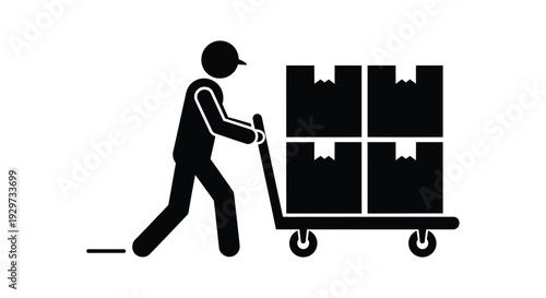 Black silhouette illustration of a worker pushing a hand truck loaded with four stacked cardboard delivery boxes