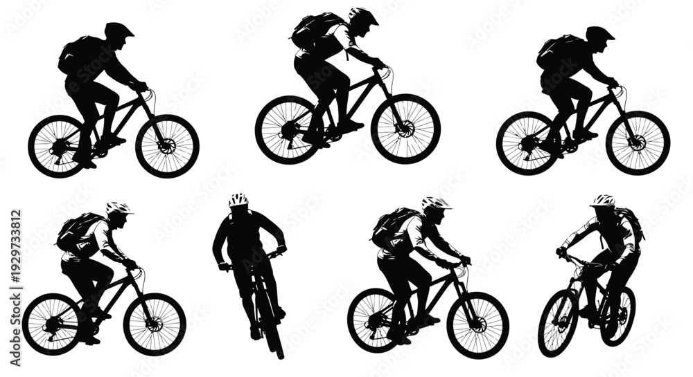 Obraz premium Collection of six vector graphic illustrations featuring mountain bikers cycling dynamically for sports and adventure design.
