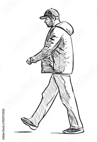 One casual towns man in cap and jacket striding outdoors, profile view, realistic sketch, vector hand drawing