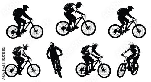 Collection of six vector graphic illustrations featuring mountain bikers cycling dynamically for sports and adventure design.
