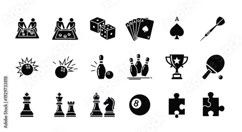 Collection of stylized black and white vector game icons representing diverse leisure and competitive activities