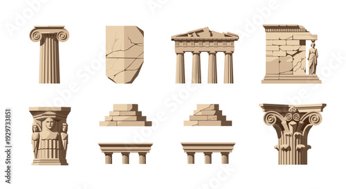 set of ancient greek architectural elements hand drawn vector illustration