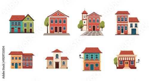 set of colorful hand drawn townhouse buildings with trees and street lamps in flat style