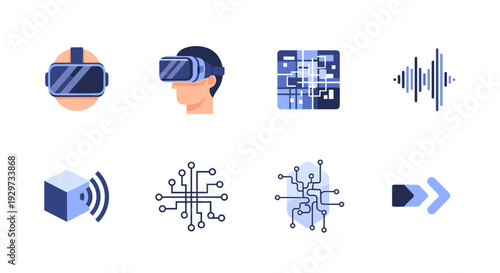 set of virtual reality technology icons with circuits and sound wave designs in flat style for digital technology and innovation