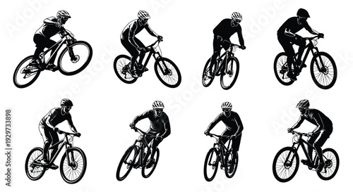 Collection of eight distinct black and white vector illustrations depicting mountain bikers in various riding poses