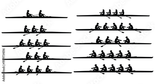 Vector graphic illustration showing multiple silhouettes of rowing crews in various types of boats.