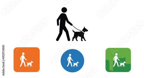 A minimalist vector illustration graphic depicting a person walking a dog on a leash, suitable for signs or icons.