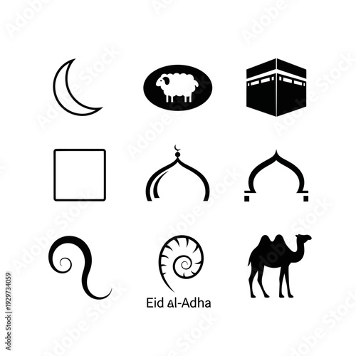 Collection of Islamic and Eid al-Adha symbols in black silhouette vector art