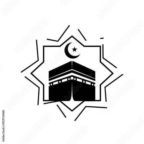 Minimalist black and white vector icon of the sacred Kaaba, crescent moon, and star, framed by an elegant geometric eight-pointed star, representing Islamic faith and pilgrimage