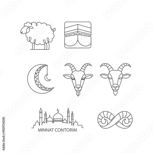 Elegant line art collection featuring Islamic religious symbols, cultural elements, and sacrificial animals perfect for Eid al-Adha celebrations and Muslim holiday designs