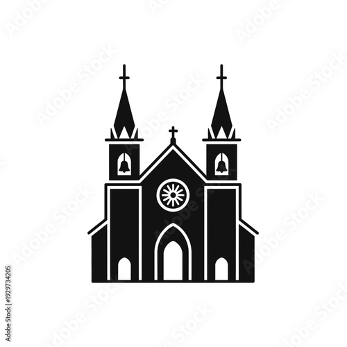 Geometric silhouette of a traditional Christian church building featuring twin spires and a circular rose window, rendered as a simple, elegant black vector icon for religious or architectural themes