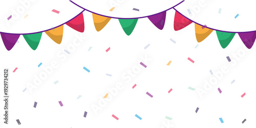 Festive celebration background with colorful party flags and falling confetti.