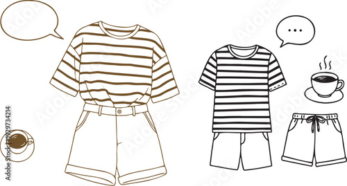Hand drawn fashion sketch of casual summer outfits with striped t shirts and shorts presented with coffee cups and speech