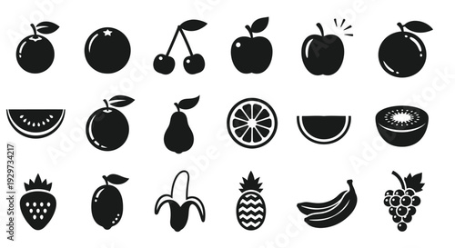 Collection of assorted sweet fruit icons presented as a minimalist black and white vector graphic set